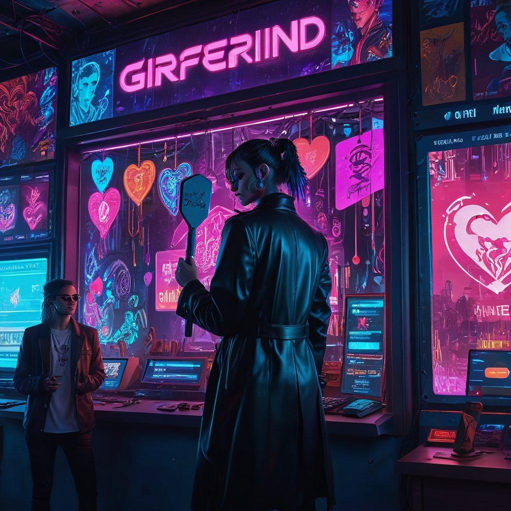 A digital marketplace scene with bidders holding up auction paddles, surrounded by intricate biological motifs. A highlighted spotlight on a virtual profile labeled 'Girlfriend,' with shimmering digital hearts floating around. A gavel in mid-swing, hinting at the seriousness behind the colorful facade. cyberpunk. vibrant colors. detailed background.