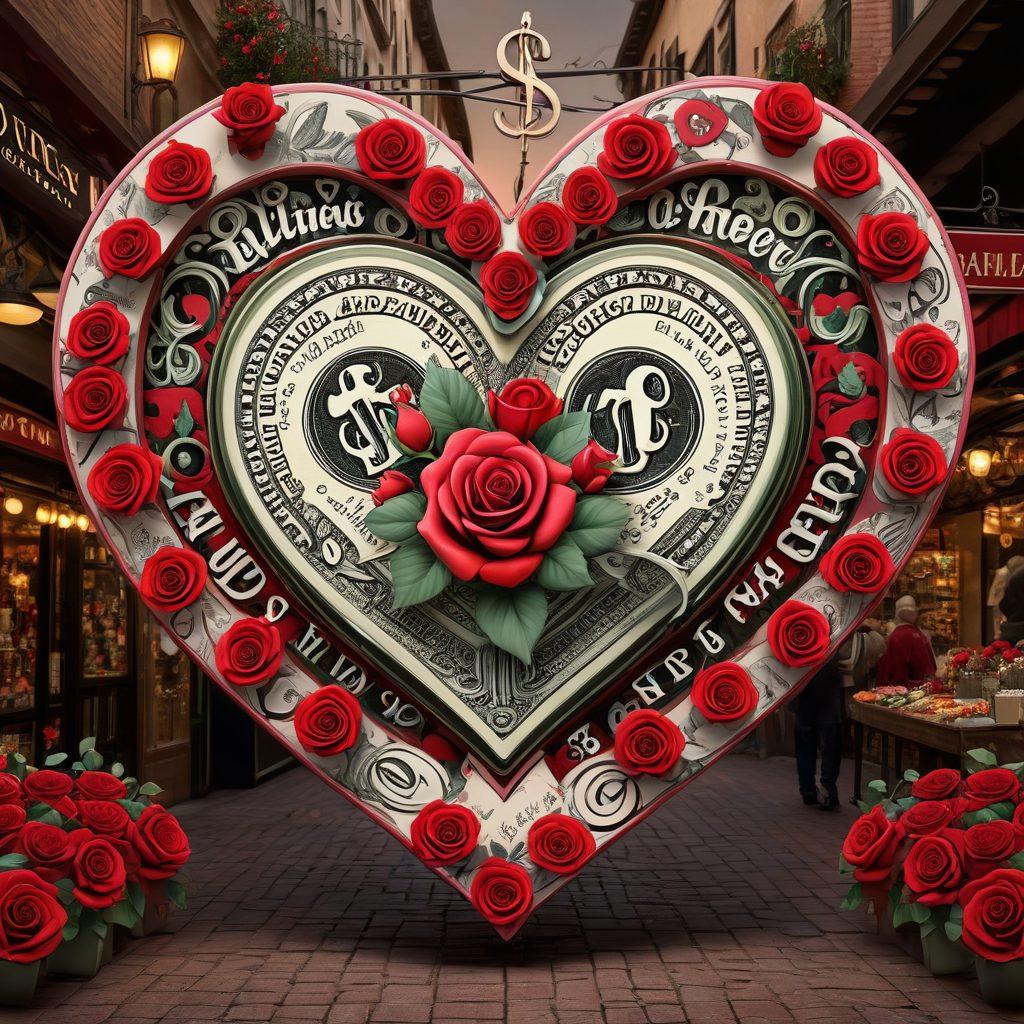 A divided heart with dollar signs on one side and romantic symbols like roses on the other, torn between love and commercialization. The background showcases a bustling marketplace with couples and sales signs intertwined. Digital art. contrasting colors. modern style.